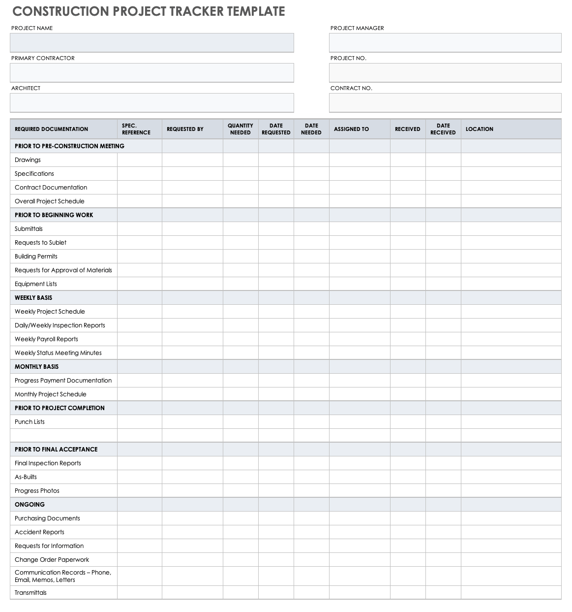 Construction Project Tracker Template