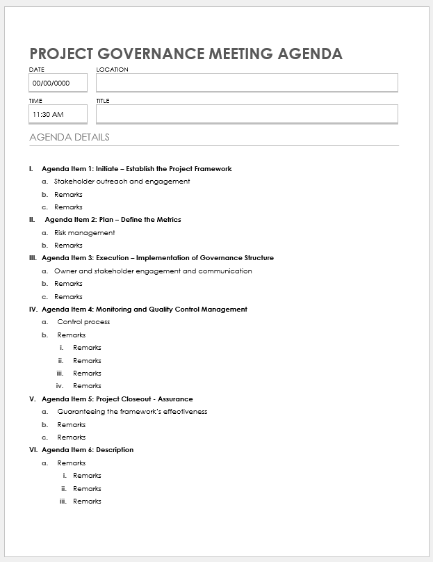 Project Governance Meeting Agenda Template