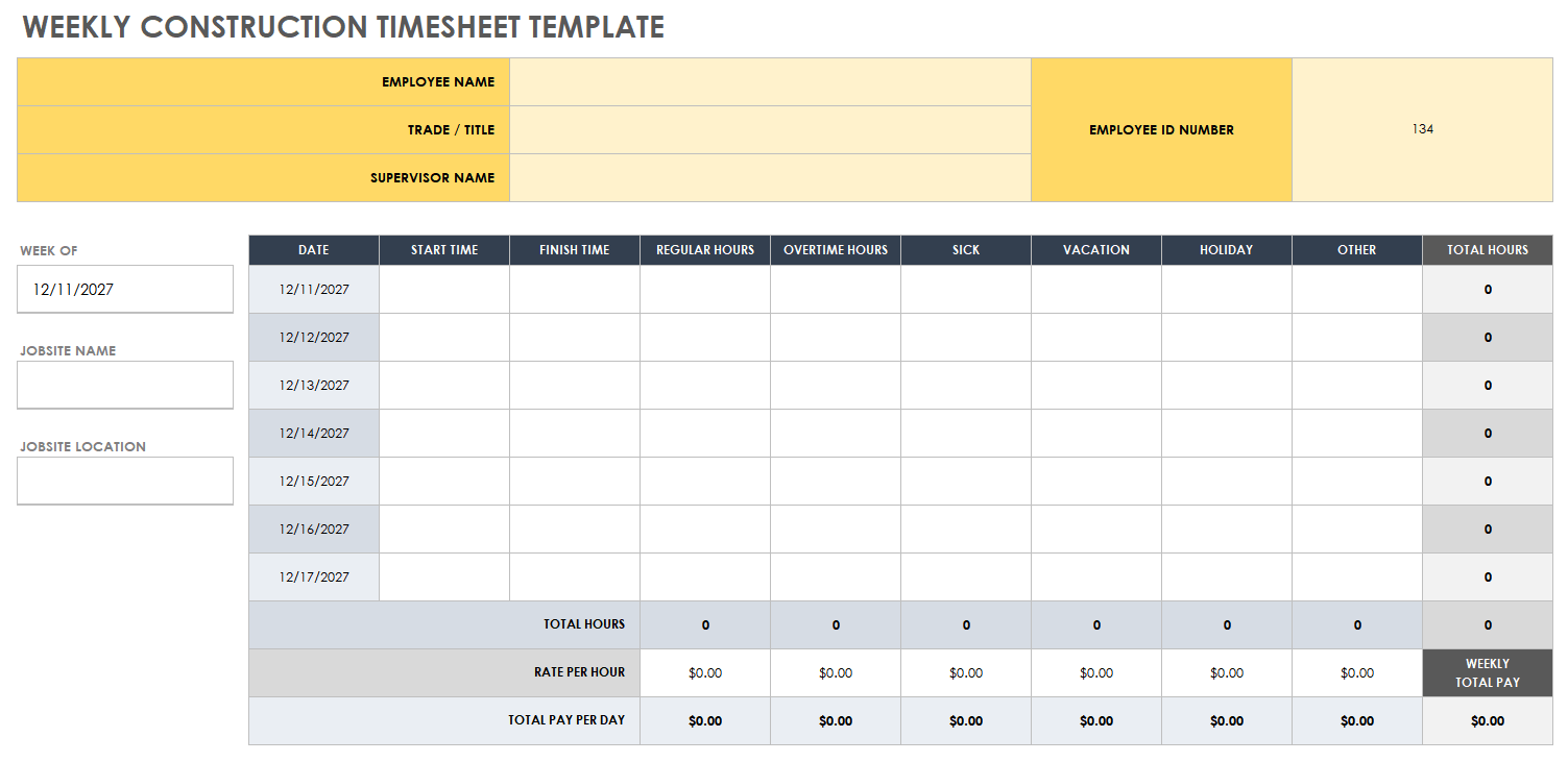 Weekly Construction Timesheet Template