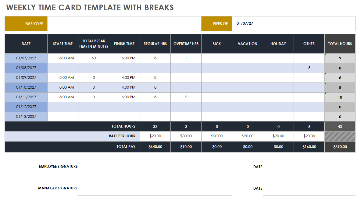 Weekly Time Card Template with Breaks