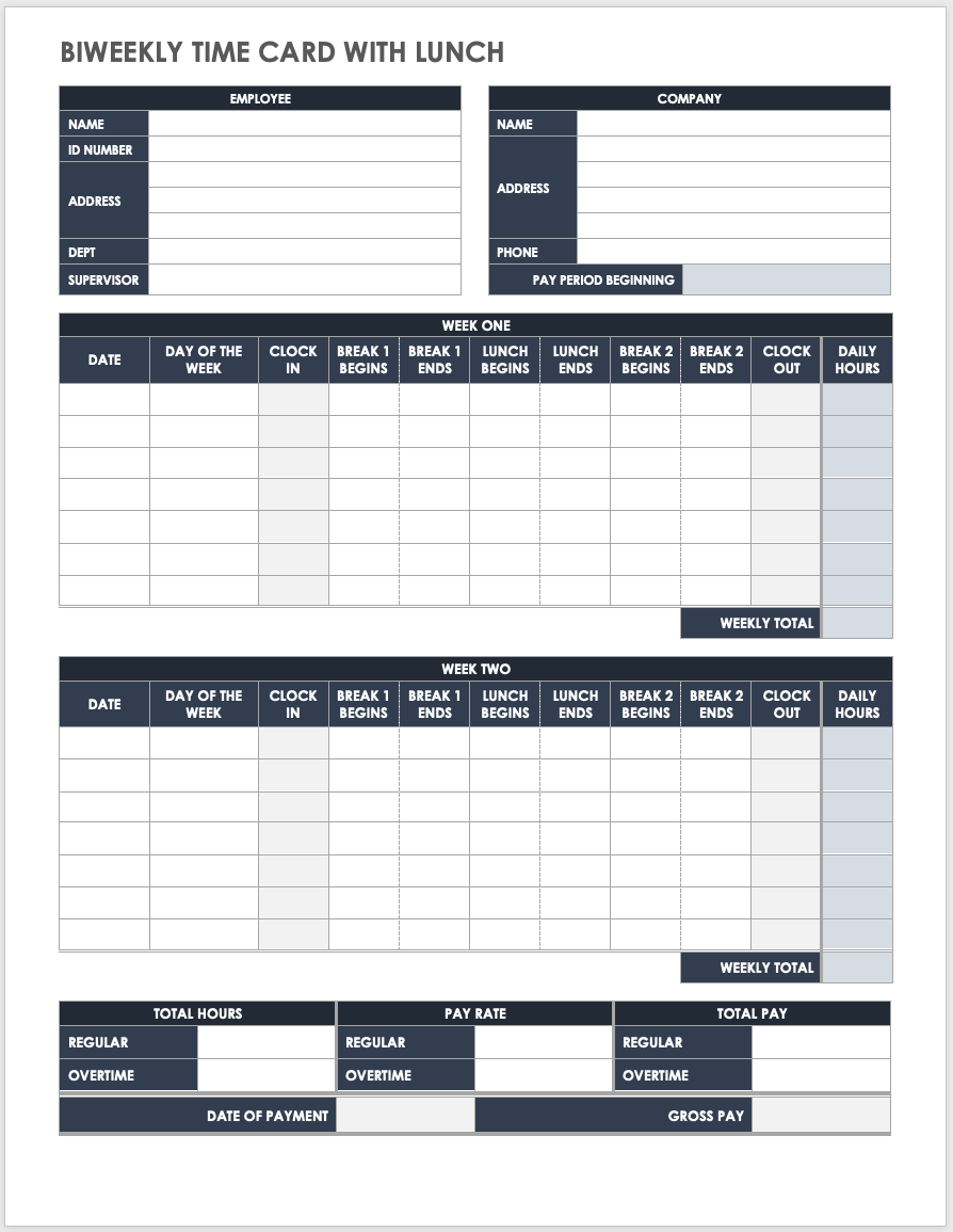 Biweekly Time Card with Lunch Template
