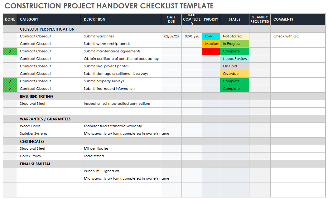 Construction Project Handover Checklist Template