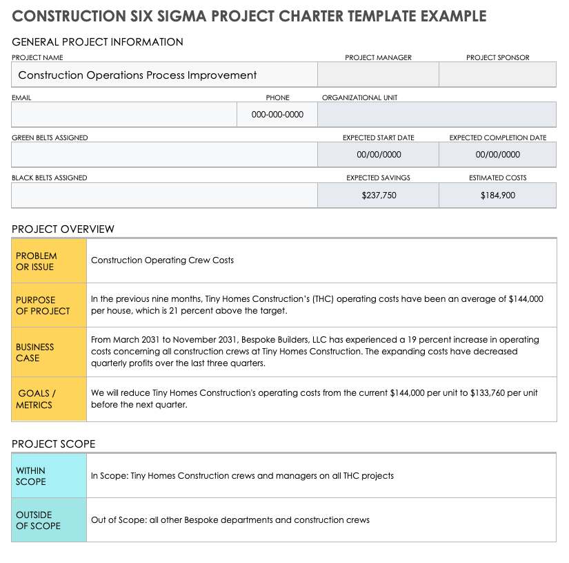Construction Six Sigma Project Charter Example