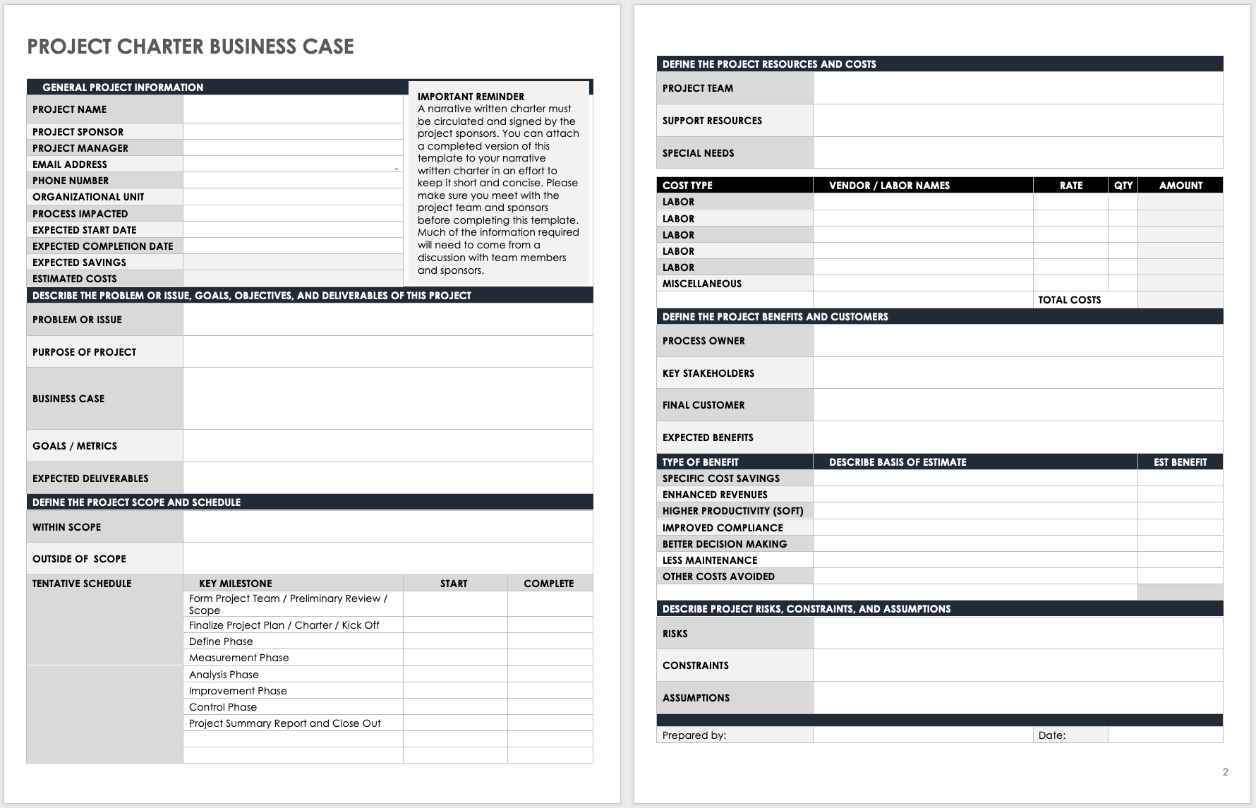Project Charter Business Case Template Updated