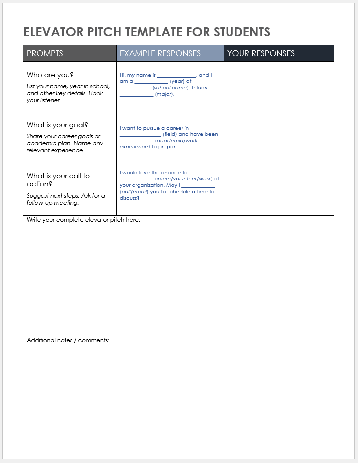 Elevator Pitch Template for Students