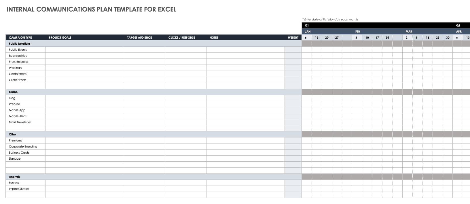Internal Communications Plan Template for Excel