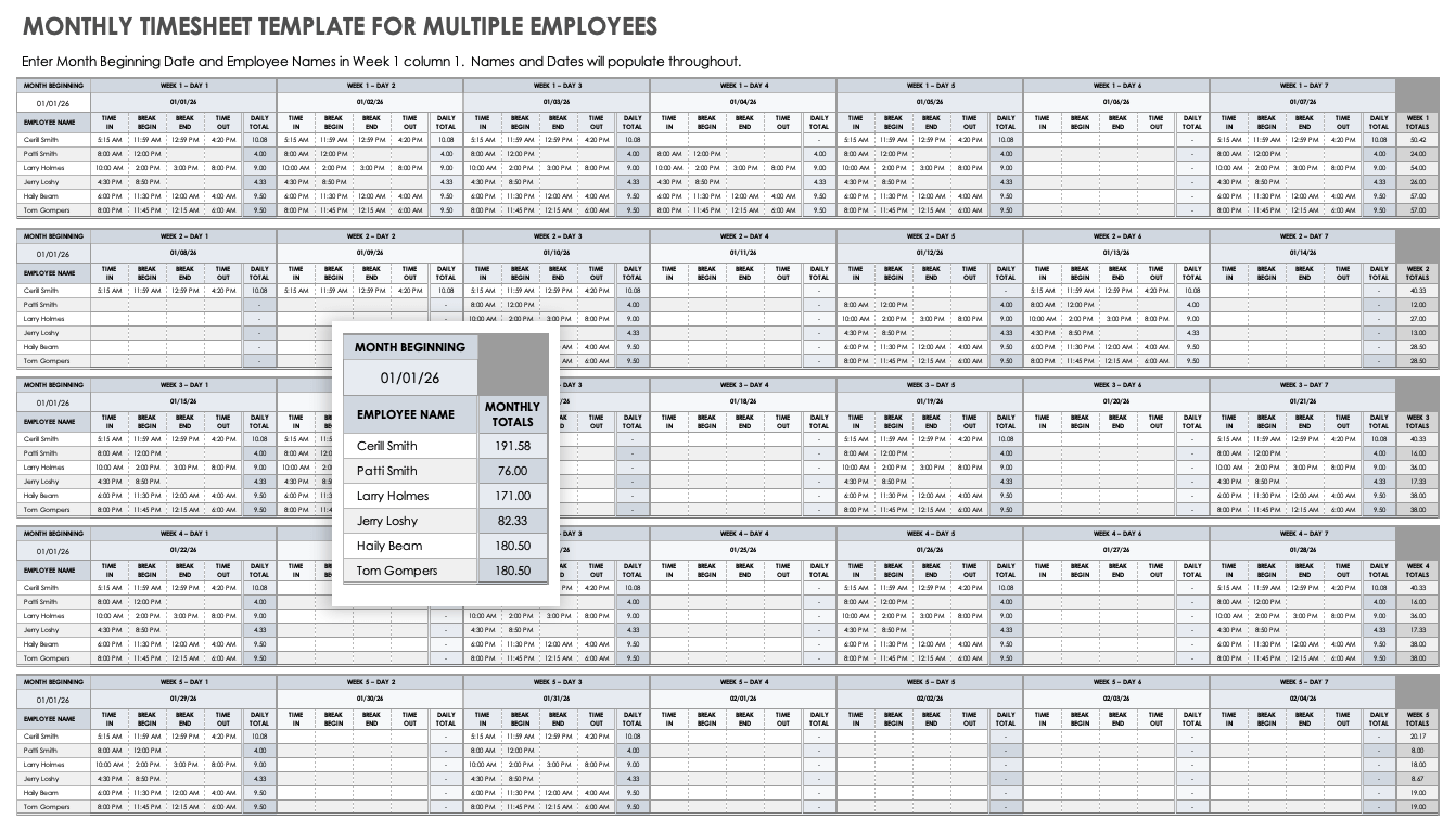 Monthly Timesheet Template for Multiple Employees