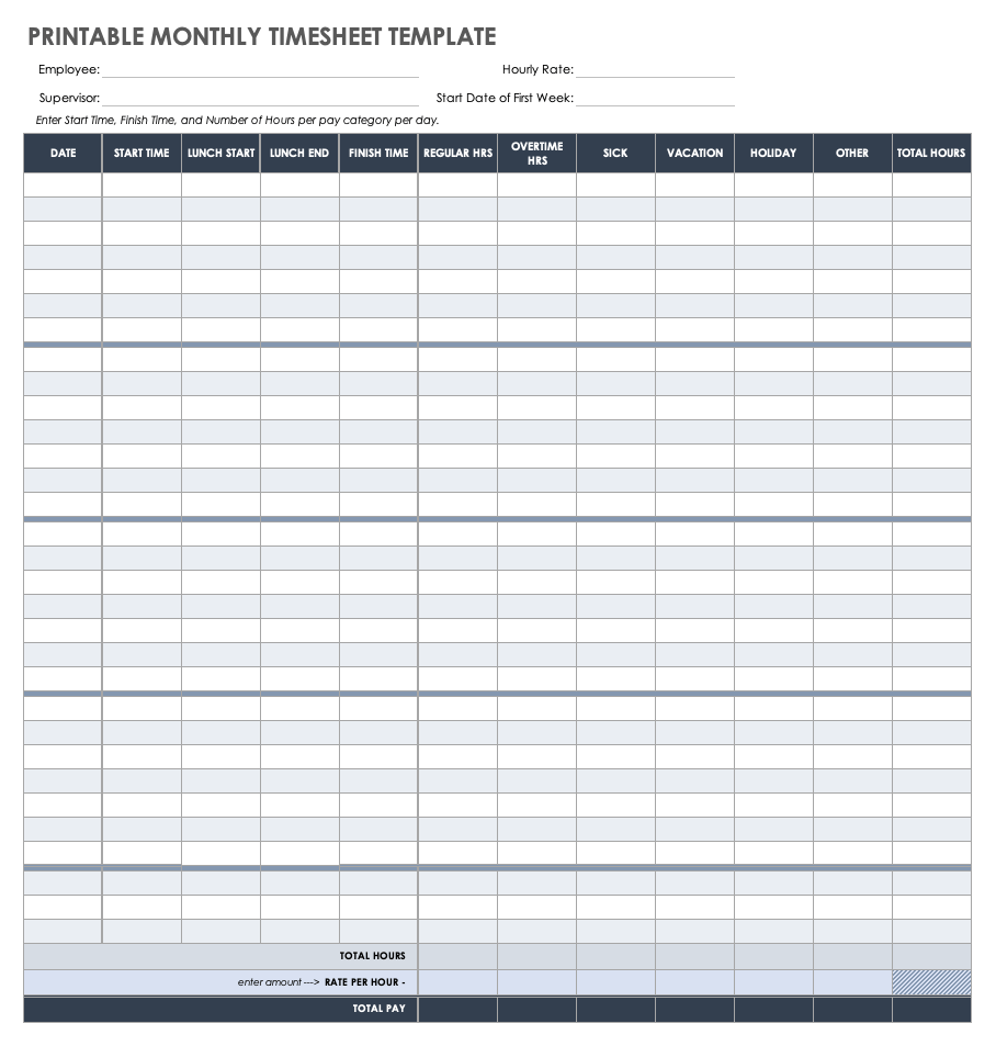 Monthly Printable Timesheet Template