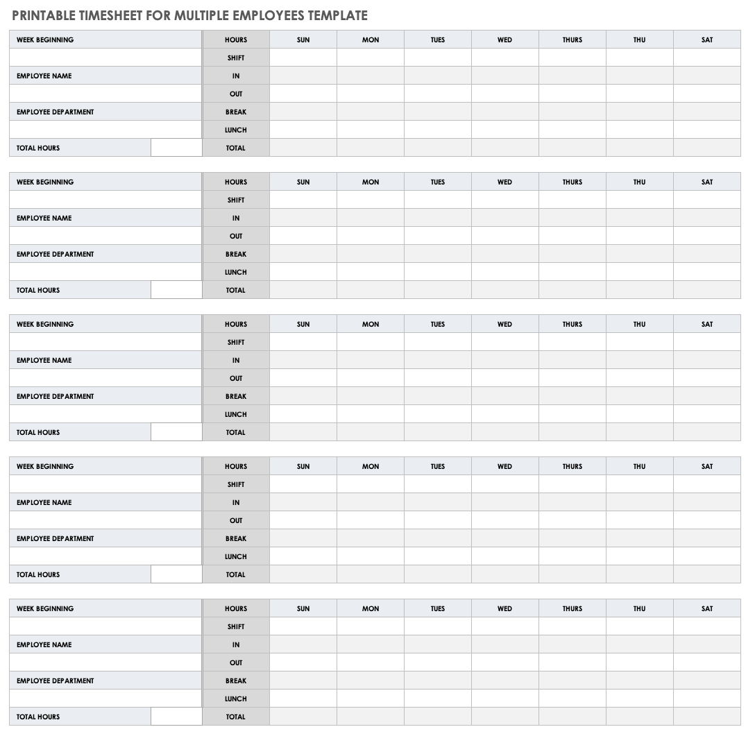 Printable Timesheet for Multiple Employees Template