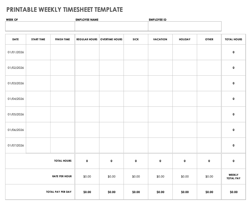 Printable Timesheets Time Card Templates Smartsheet