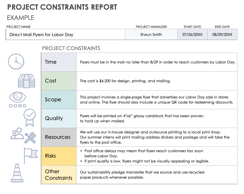 Project Constraints Report Template with Example Data
