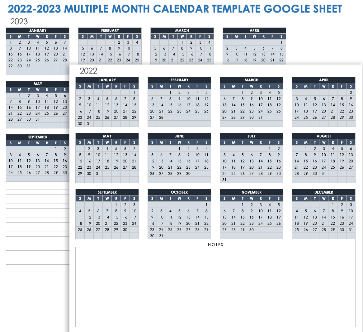 2022 2023 Multiple-Month Calendar Google Sheet Template