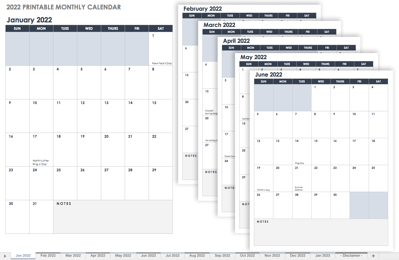 2022 Monthly Printable Calendar Google Sheets Template