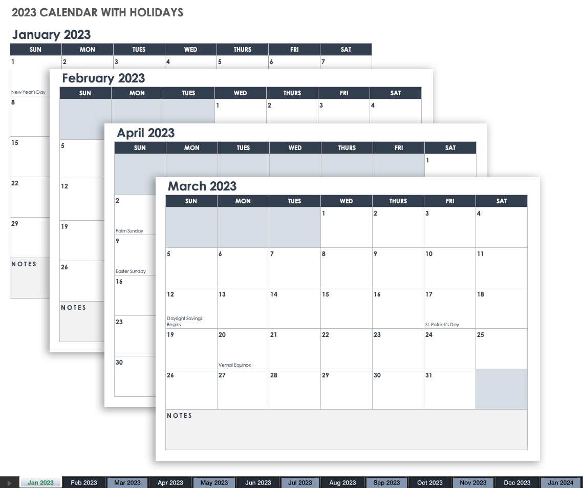 2023 Monthly Calendar with Holidays for Google Sheets