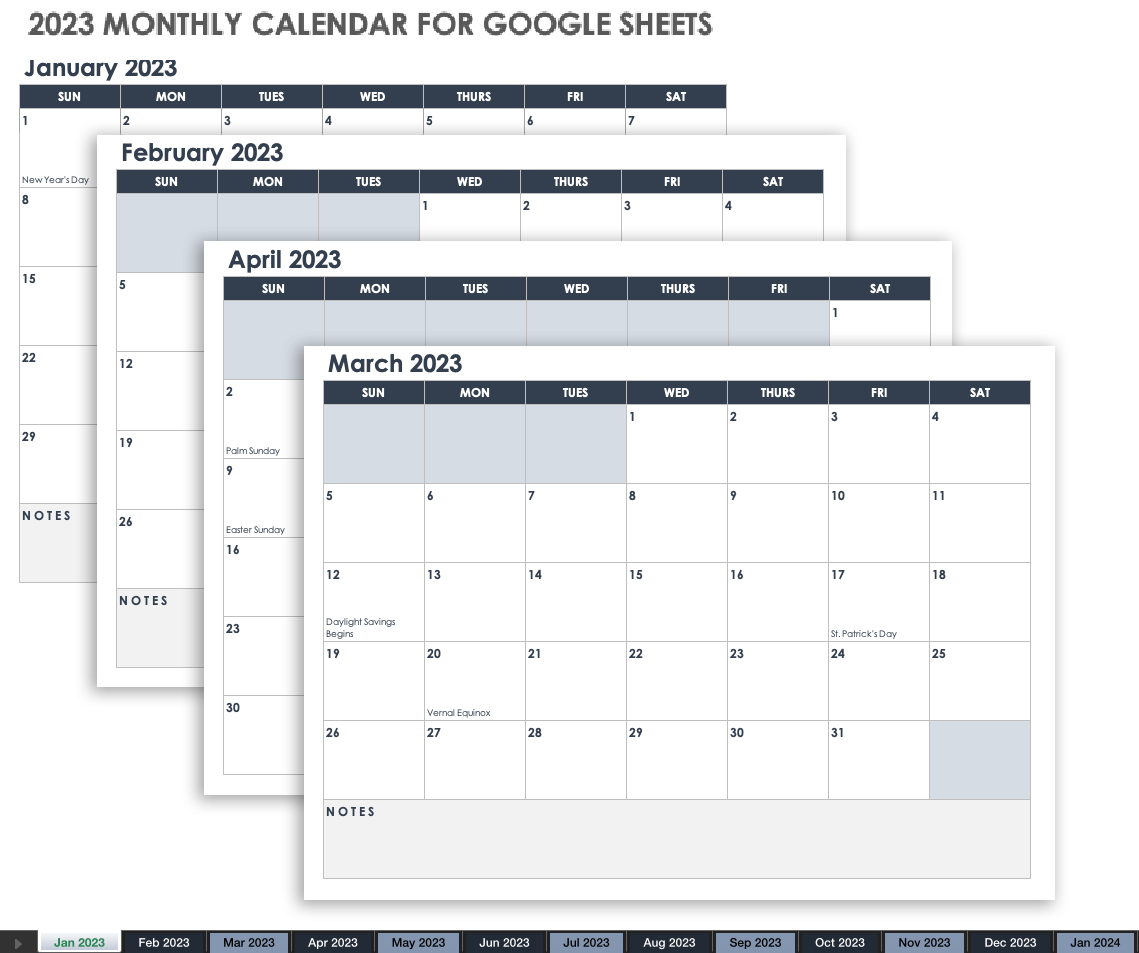 2023 Monthly Calendar Google Sheets Template