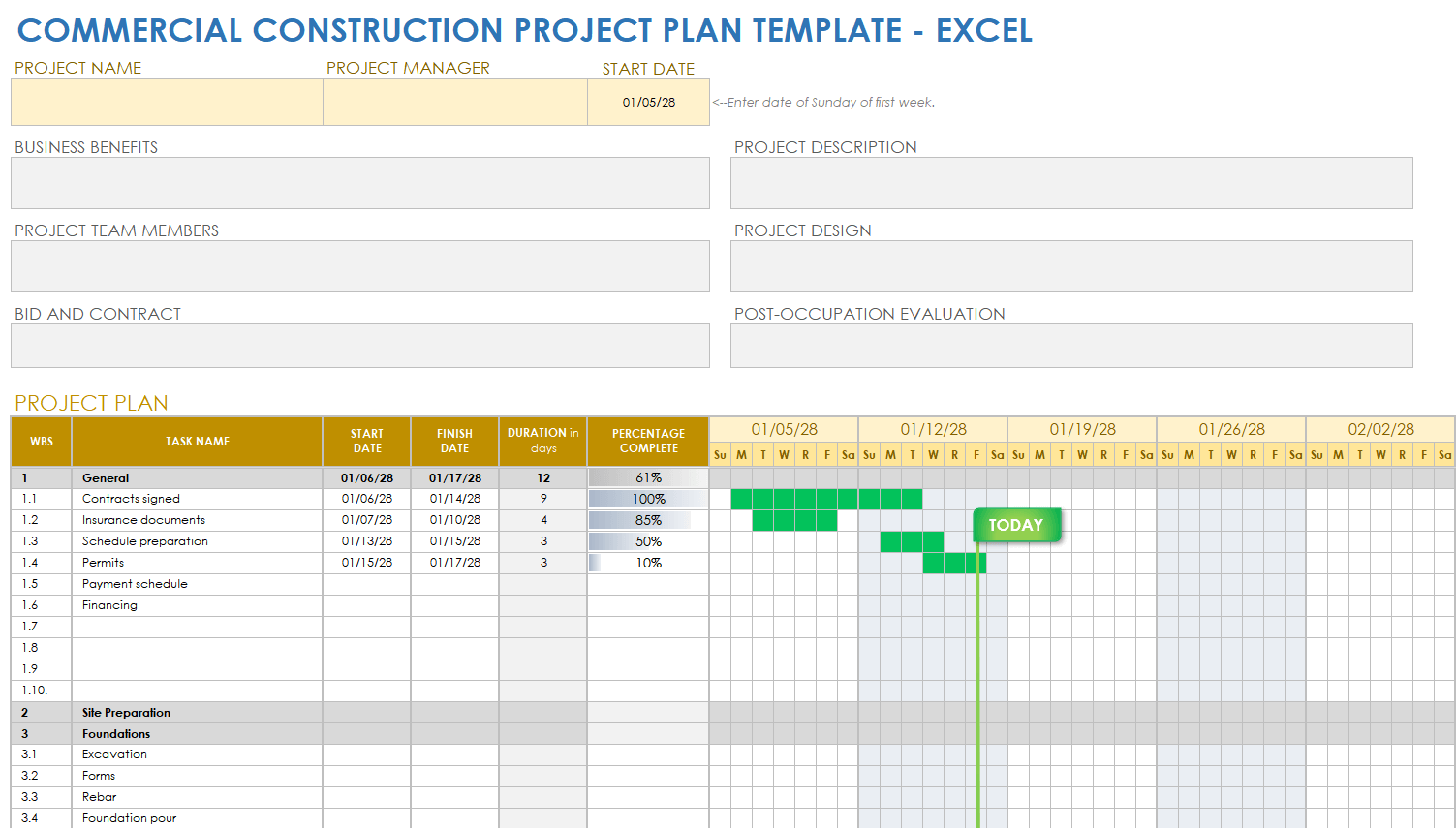 Commercial Construction Management Project Plan Excel Template