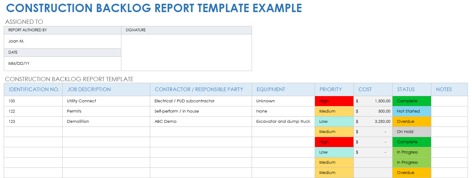 Construction Backlog Report Template Example