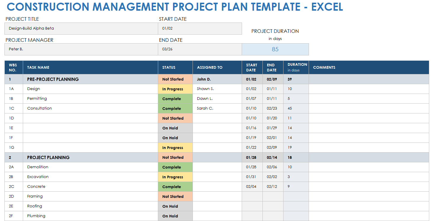 Construction Management Project Plan Excel Template