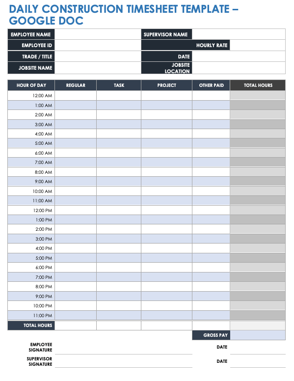 Daily Construction Timesheet Template for Google Docs