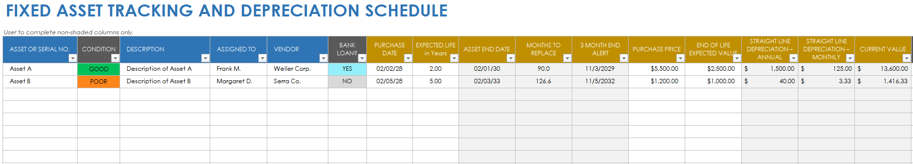Fixed Asset Tracking Template with Depreciation Schedule