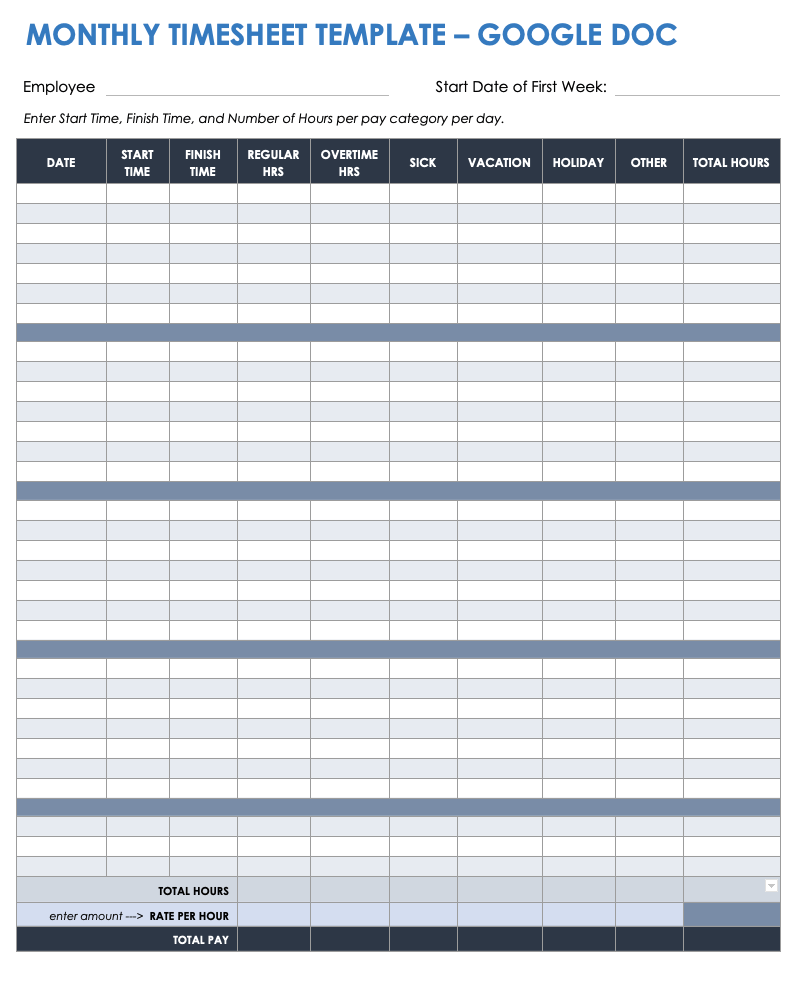 Monthly Timesheet Google Doc Template