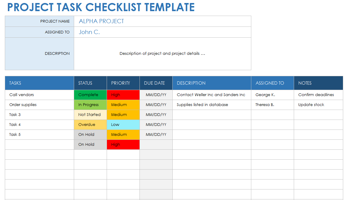 Project Task Checklist Template