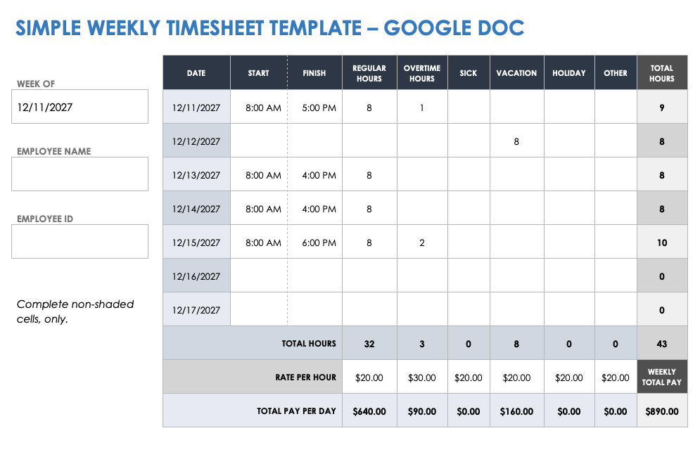 Simple Weekly Timesheet Google Doc Template