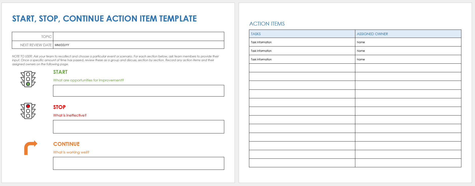 Start, Stop, Continue Action Item Template