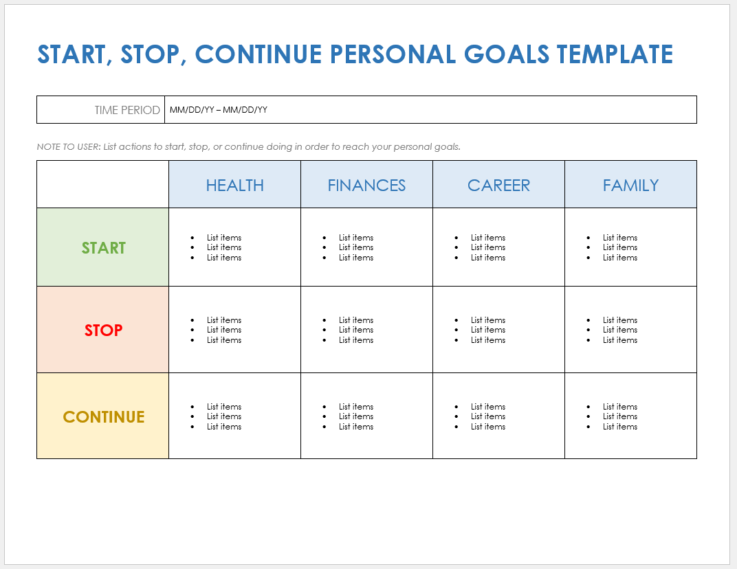 Start, Stop, Continue Personal Goals Template