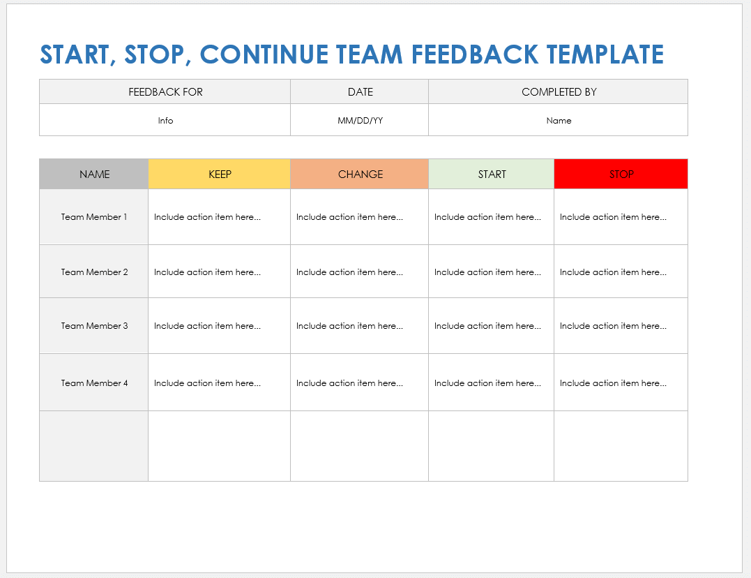 Start, Stop, Continue Team Feedback Template