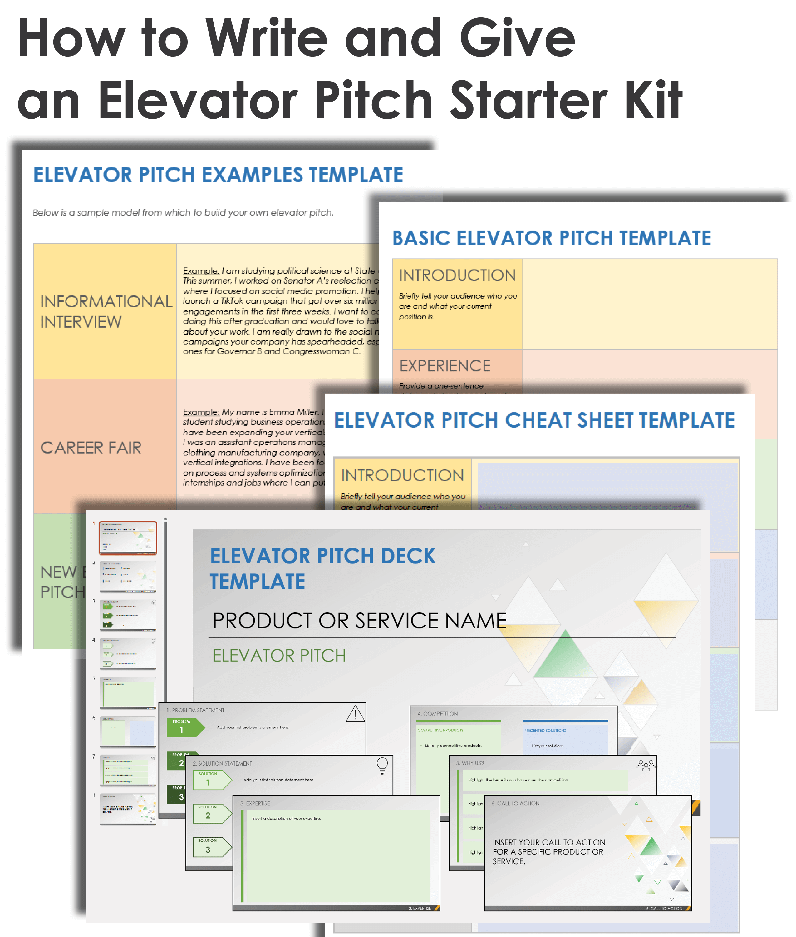 How to Write and Give an Elevator Pitch Starter Kit Collage