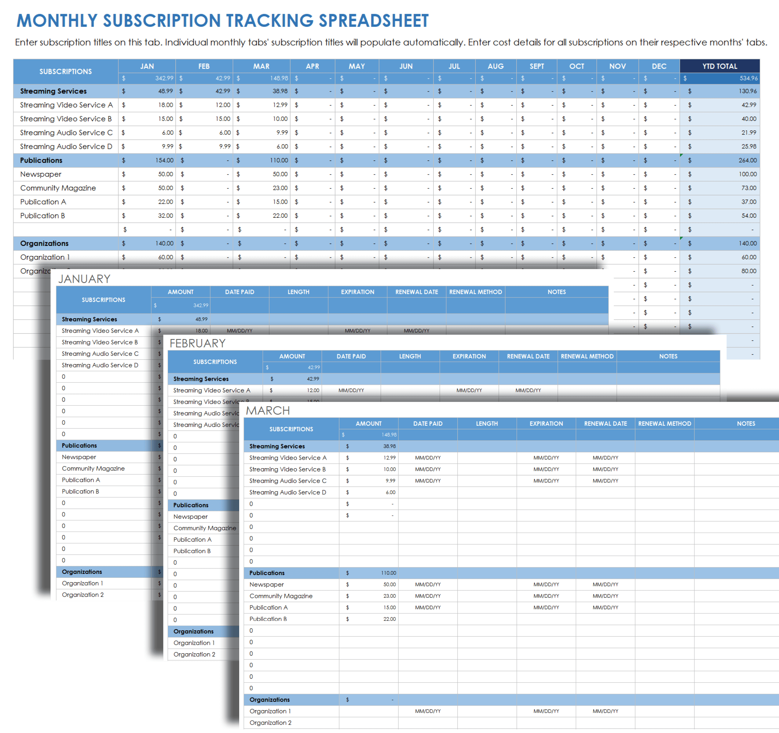 Monthly Subscription Tracking Spreadsheet