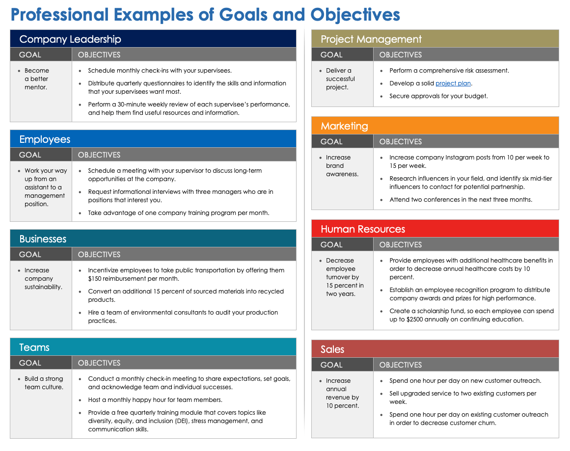 Professional Examples of Goals and Objectives
