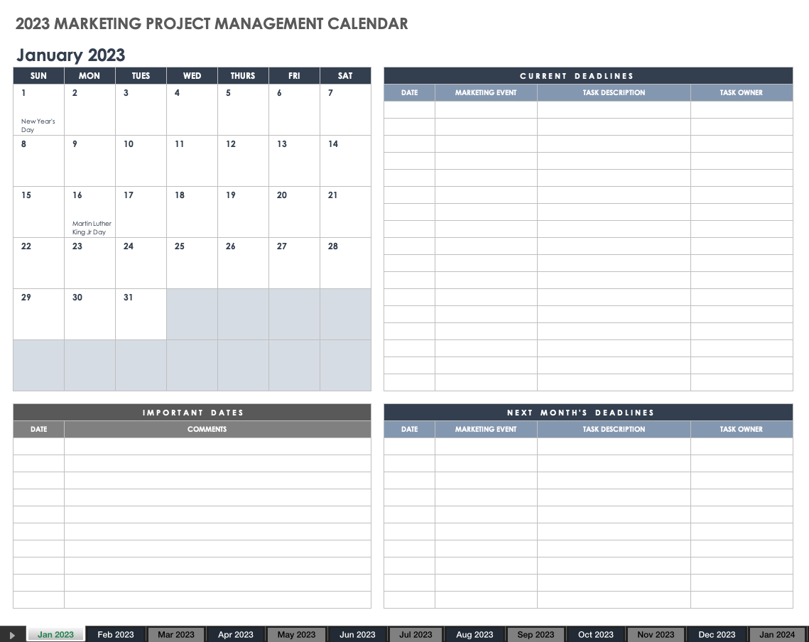 2023 Marketing Project Management Calendar Template