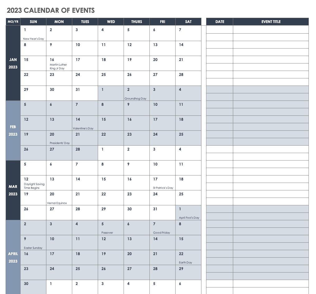 2023 Monthly Calendar of Events Template