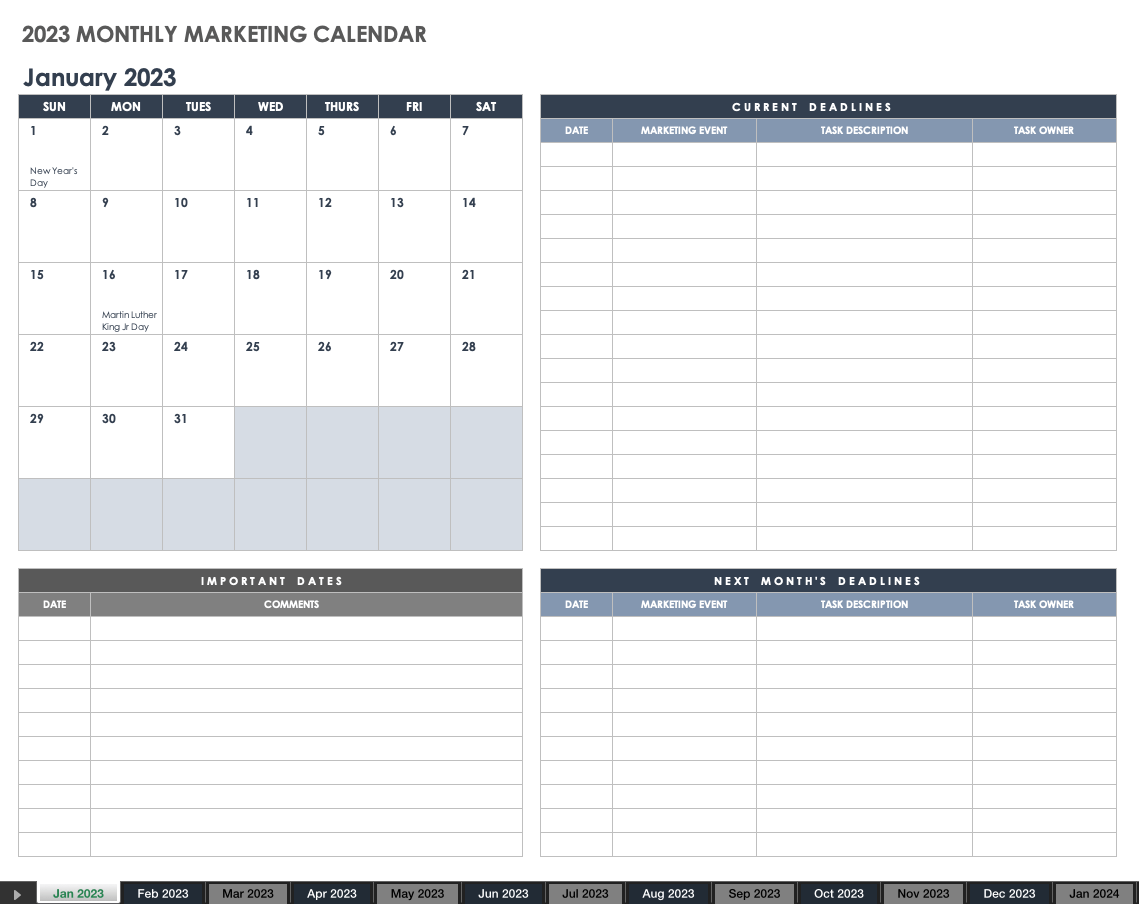 2023 Monthly Marketing Calendar Template
