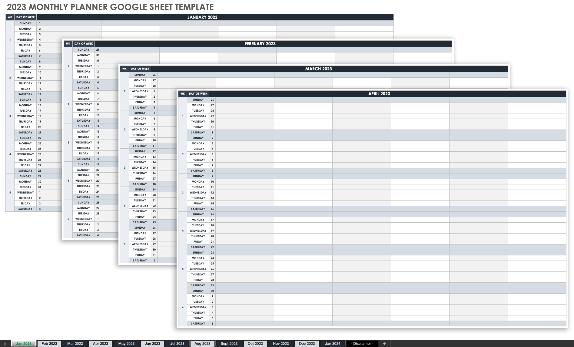 2023 Monthly Planner Template Google Sheet