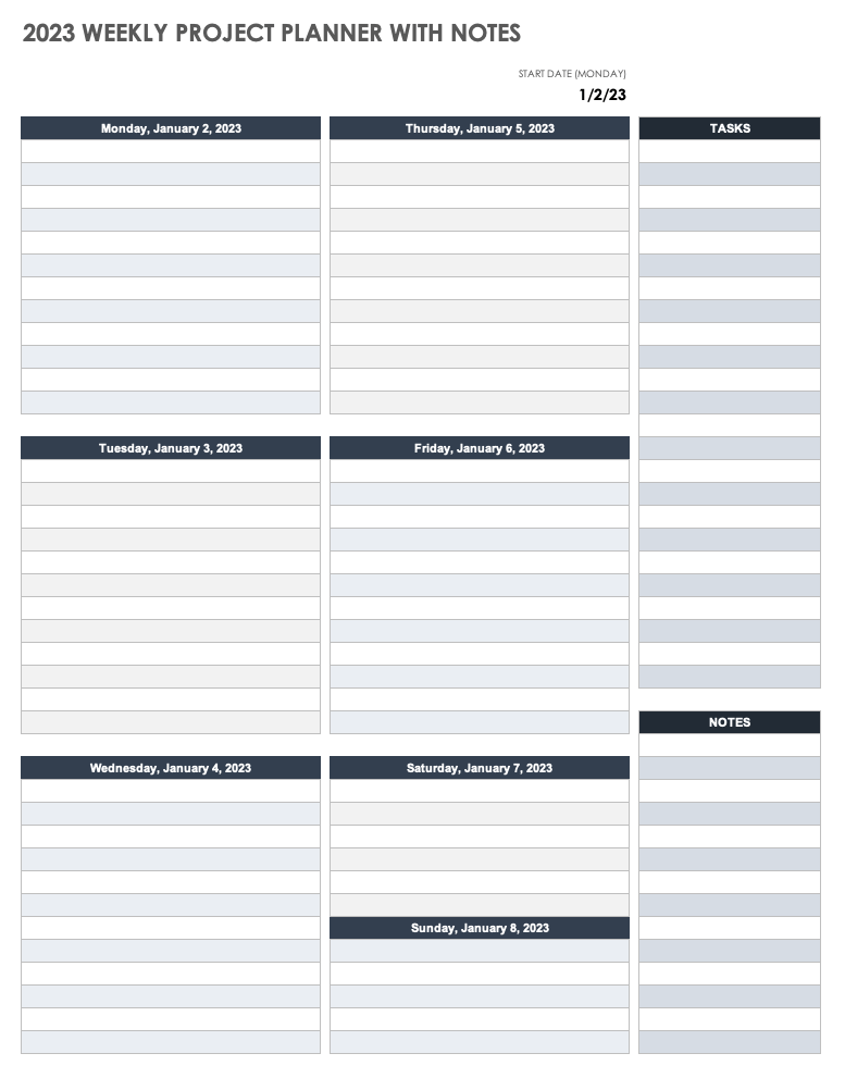 2023 Weekly Project Planner Template with Notes