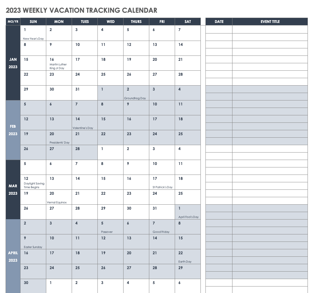 2023 Weekly Vacation Tracking Calendar