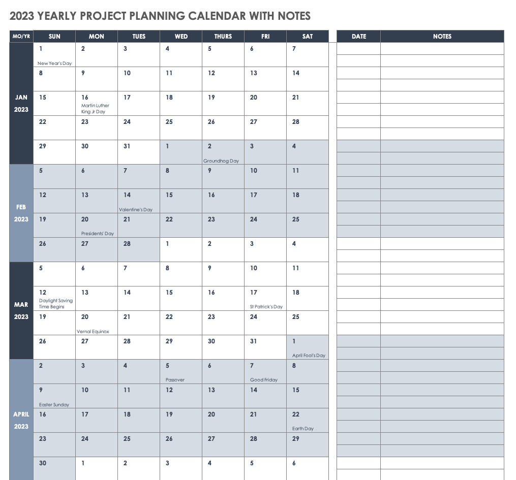 2023 Yearly Project Planning Calendar with Notes