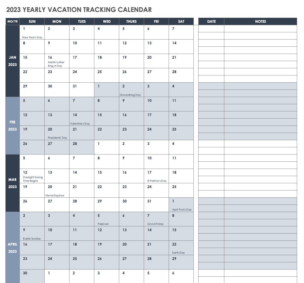 2023 Yearly Vacation Tracking Calendar