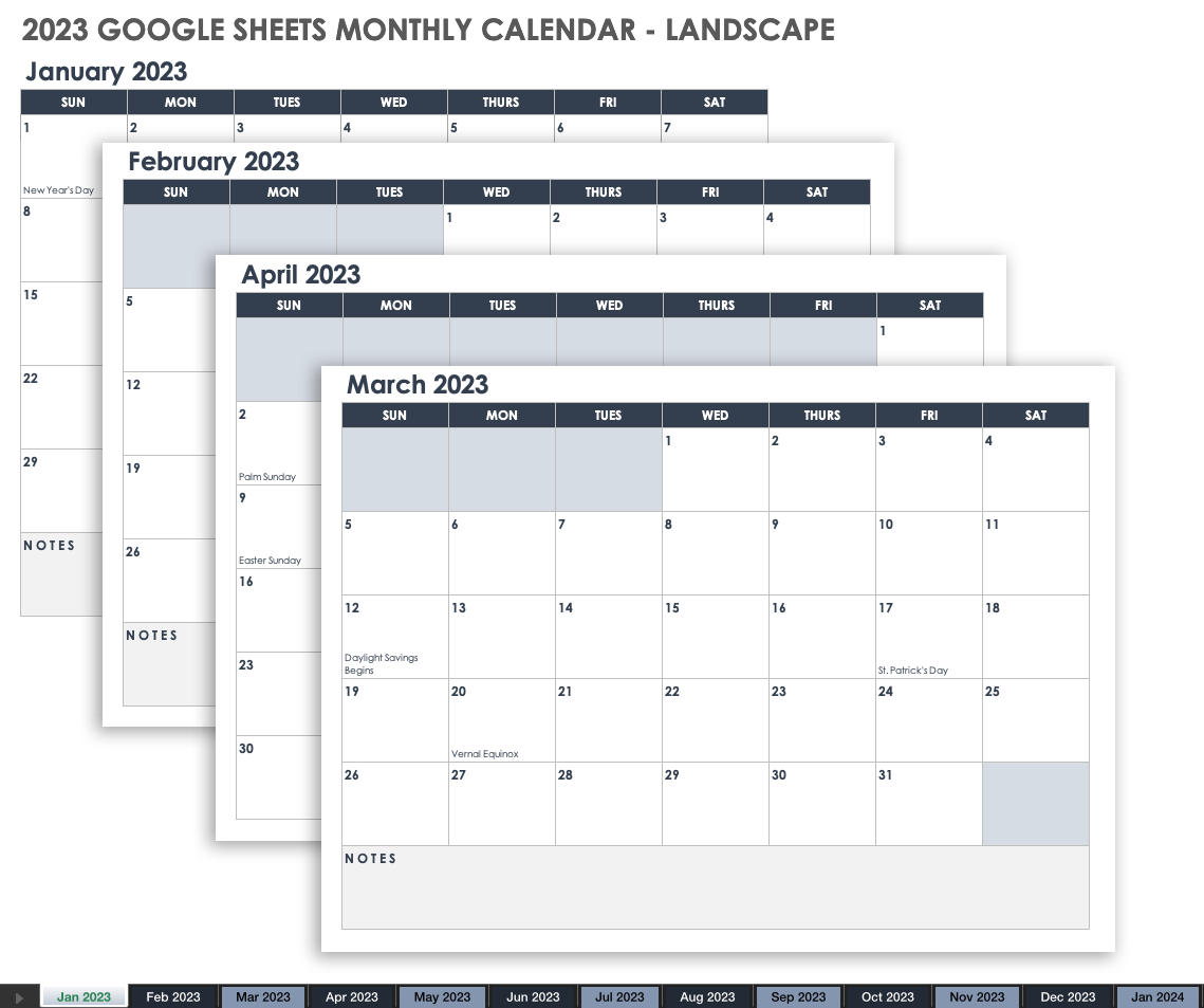 2023 Google Sheets Monthly Calendar Landscape
