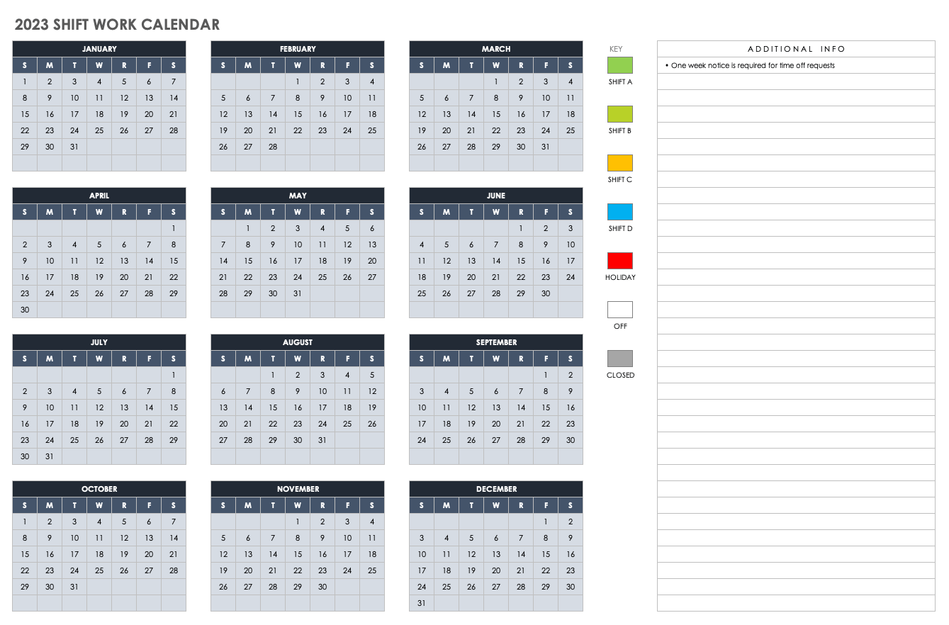 2023 Monthly Shift Work Calendar