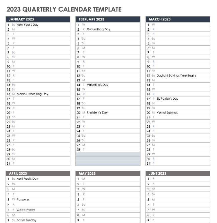 2023 Quarterly Calendar Template