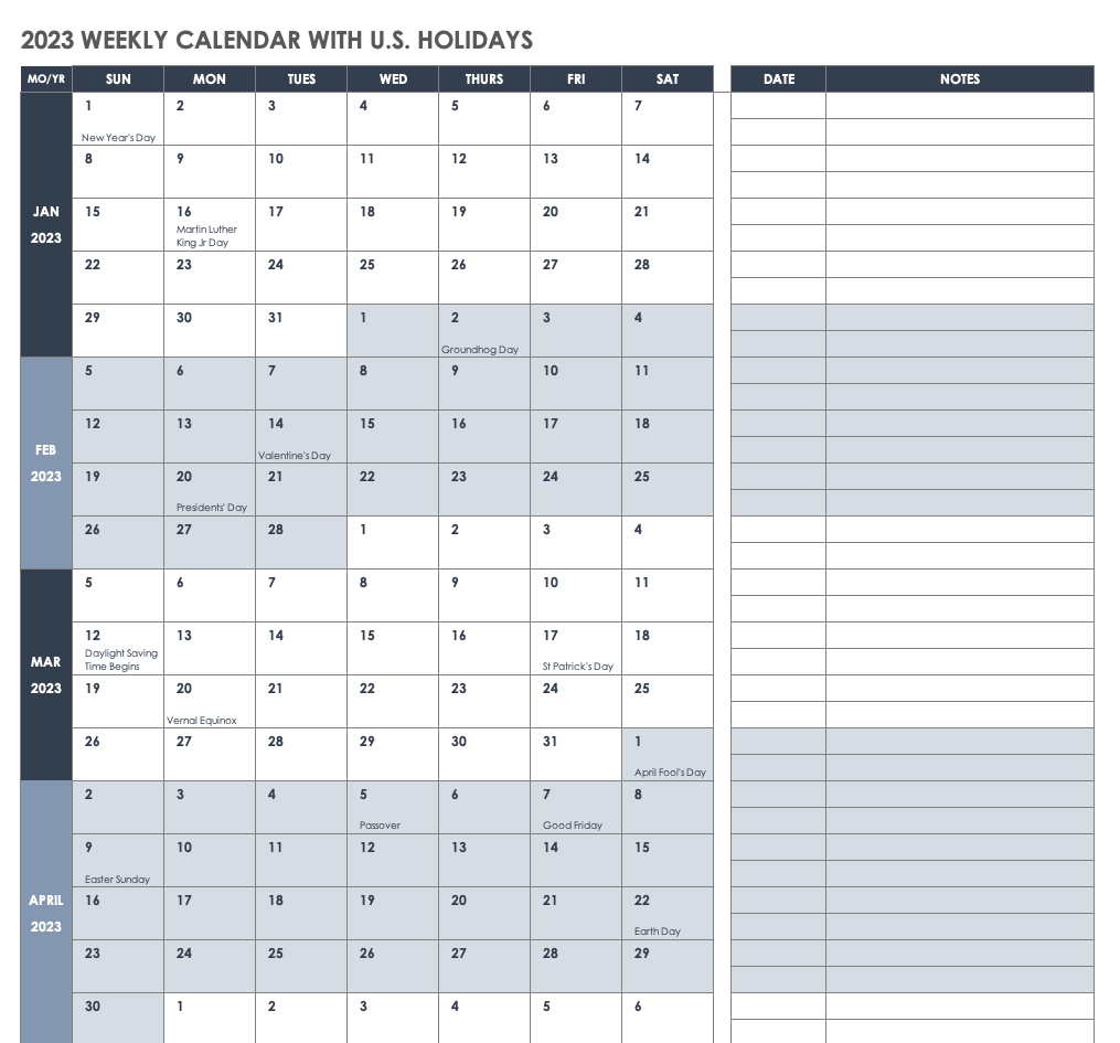 2023 Weekly Calendar with US Holidays