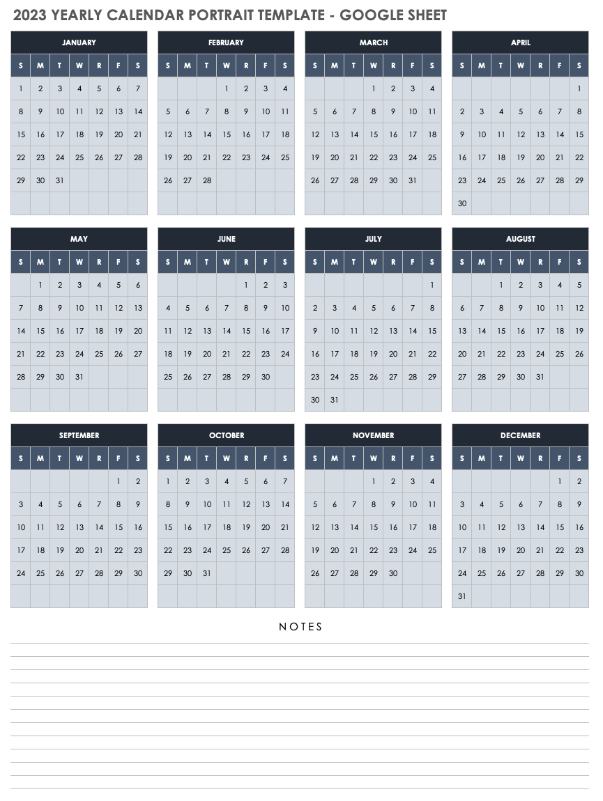 2023 Google Sheets Yearly Calendar Portrait