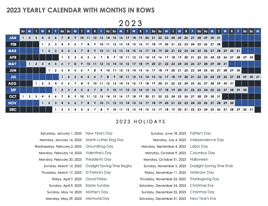 2023 Yearly Calendar Template with Months in Rows