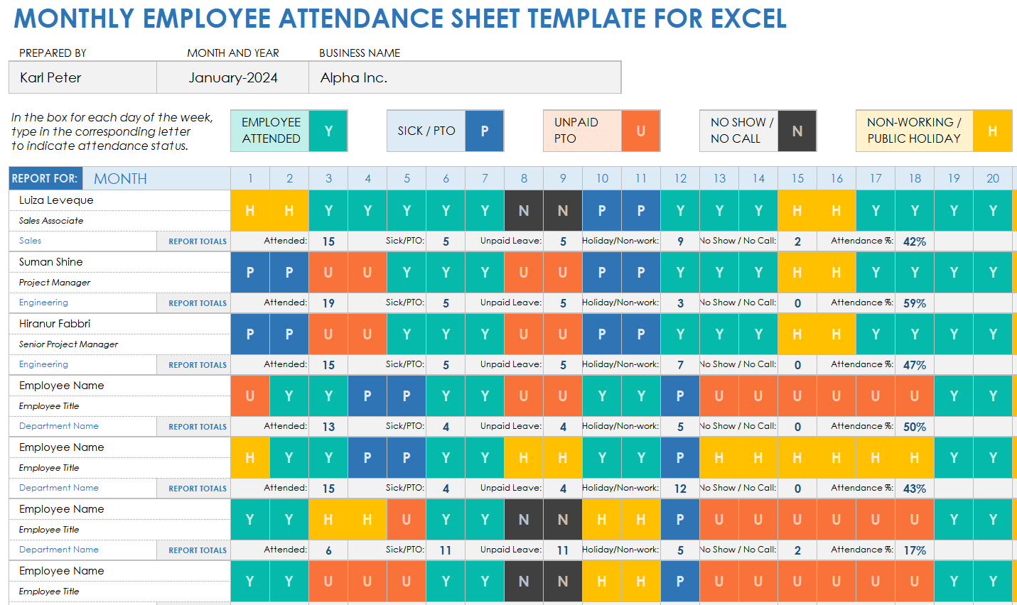 Monthly Employee Attendance Sheet Template for Excel