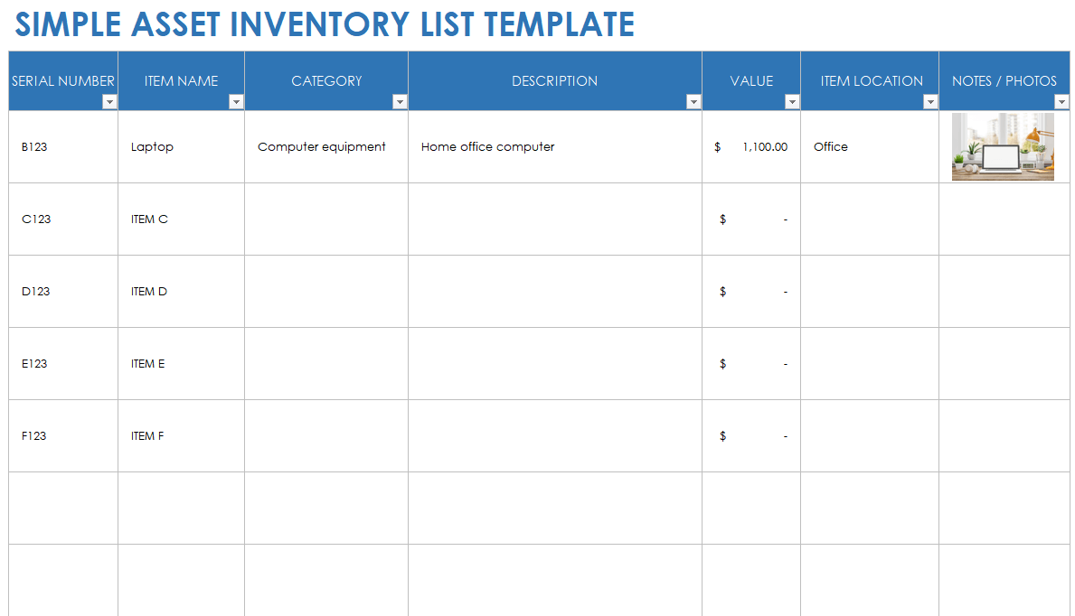 Simple Asset Inventory List Template