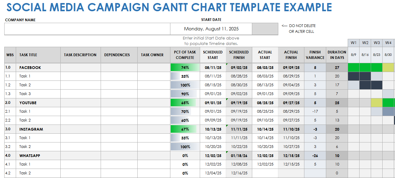 Social Media Campaign Gantt Chart Template Example